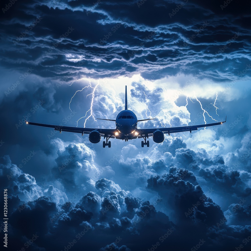 Poster Airplane navigates through turbulent storm clouds with lightning striking in the background amidst dark skies. Generative AI