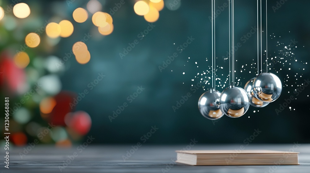 Poster a close-up of a christmas ornament on a table with a christmas tree in the background and lights aro