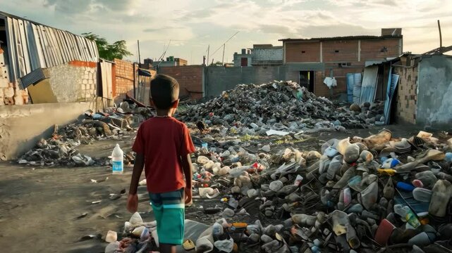 A boy stands in front of a pile of trash. The scene is dirty and unkempt, with garbage scattered everywhere. The boy appears to be looking at the trash with a sense of curiosity or concern