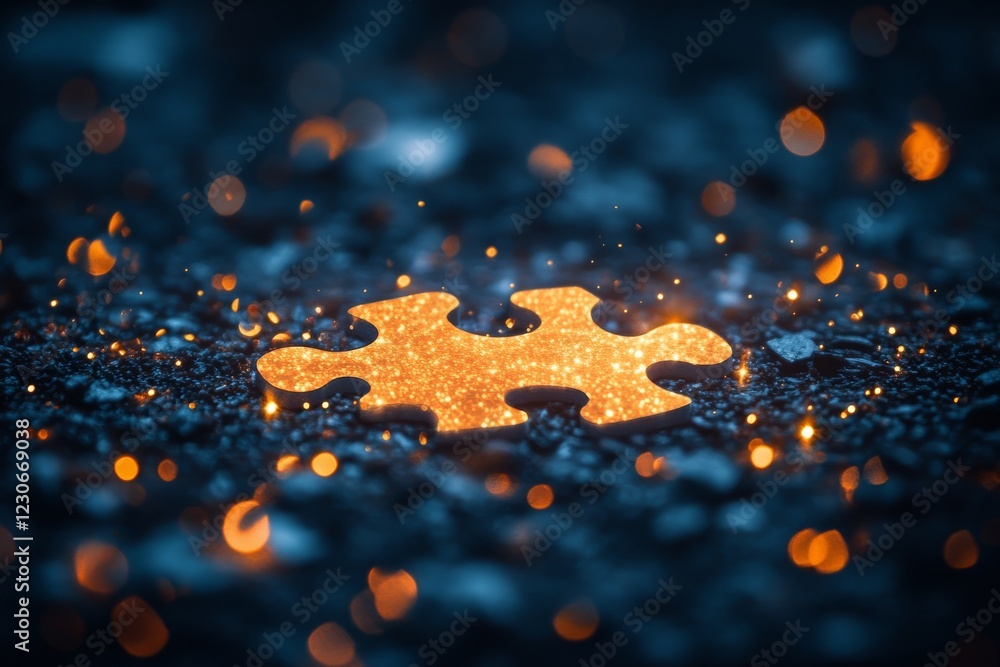 Poster sparkling golden puzzle piece on a dark surface surrounded by glowing particles in a creative compos