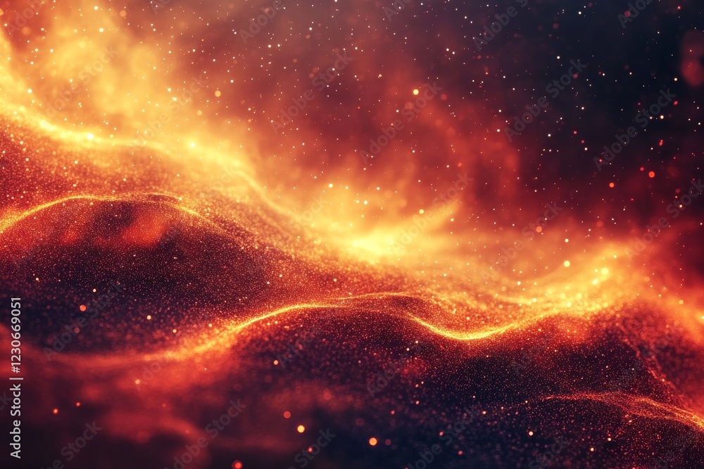 Aufkleber dynamic flow of orange and gold patterns in a cosmic landscape during a celestial event at dusk