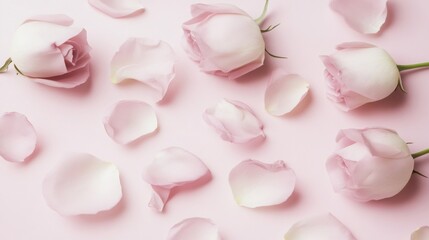 Pink rose blossoms softly scattered, creating romantic elegance for wedding, love themed, and Valentine graphic designs