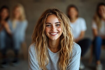 Fototapeta premium Smiling woman with curly hair in casual attire during a group gathering in a relaxed indoor setting