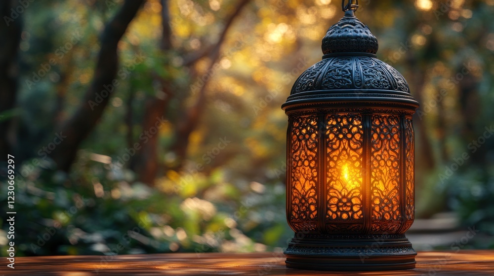 Poster Illuminated Lantern in a Serene Forest Setting