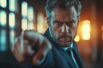 Man in a suit points aggressively in a dimly lit urban setting during the evening hours