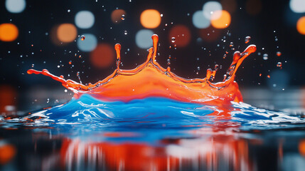 A dynamic splash of vibrant paint creating a wave of droplets on a dark background, with minimalistic modern design and empty caption space on the side for your text or message

