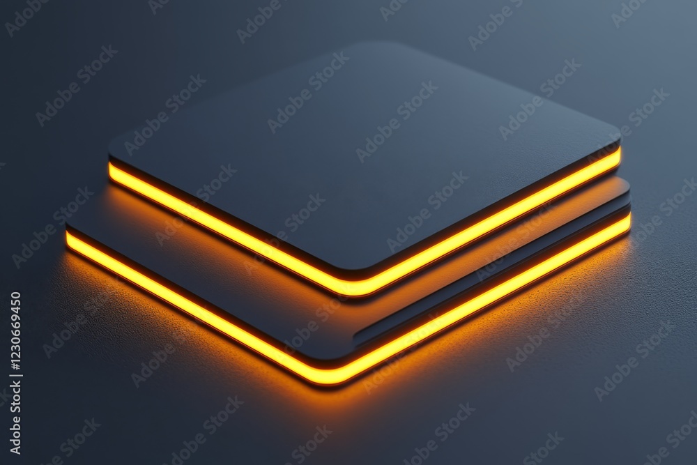 Aufkleber modern design featuring layered square platforms with glowing edges in a minimalist setting at dusk