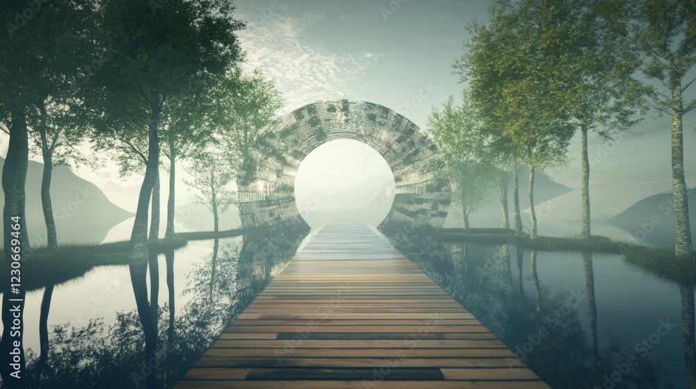 Poster a serene wooden pathway leads through misty waters, framed by trees and an ethereal circular structu