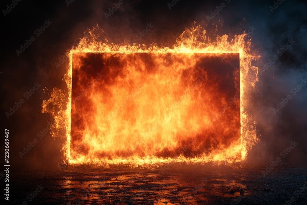 Aufkleber flames engulfing a rectangular frame creating an intense fiery atmosphere at night