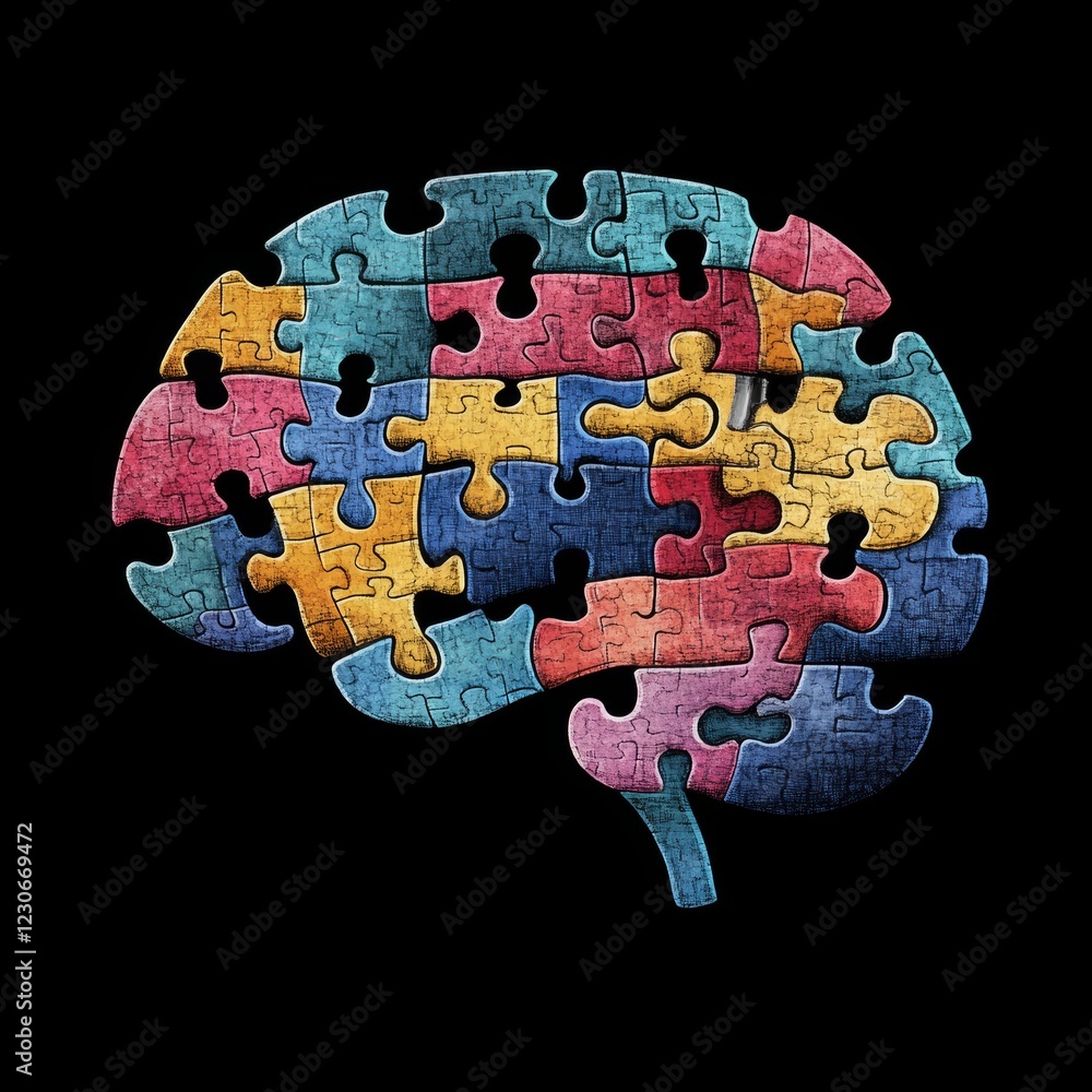 Poster a colorful brain puzzle with many pieces. the pieces are in different colors and shapes. the puzzle 