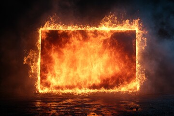 Fototapeta premium Flames engulfing a rectangular frame creating an intense fiery atmosphere at night
