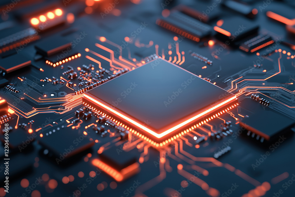 Poster close up of a computer circuit board with glowing components in a dark environment