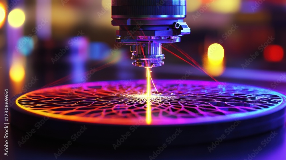 Poster laser printing creates intricate geometric designs on a circular platform