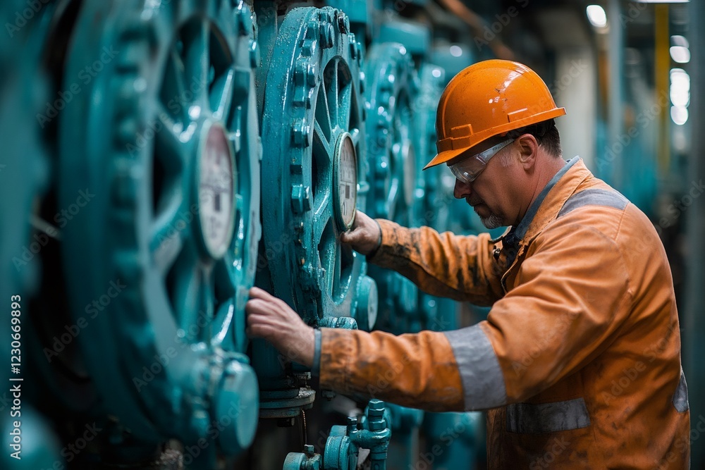 Aufkleber industrial engineer adjusting machinery in factory setting