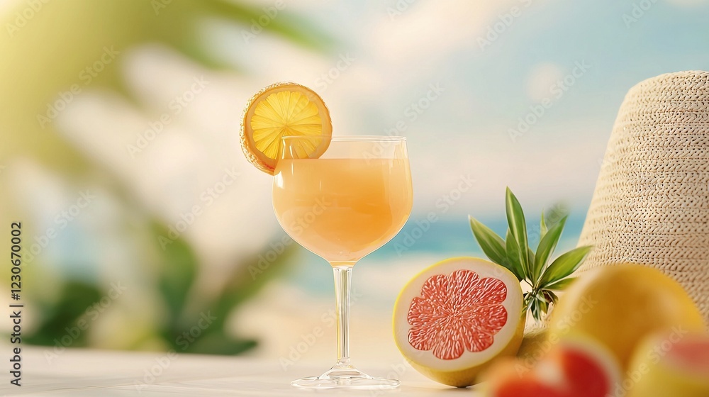 Poster a glass of wine with a grapefruit and half of a grapefruit on a table