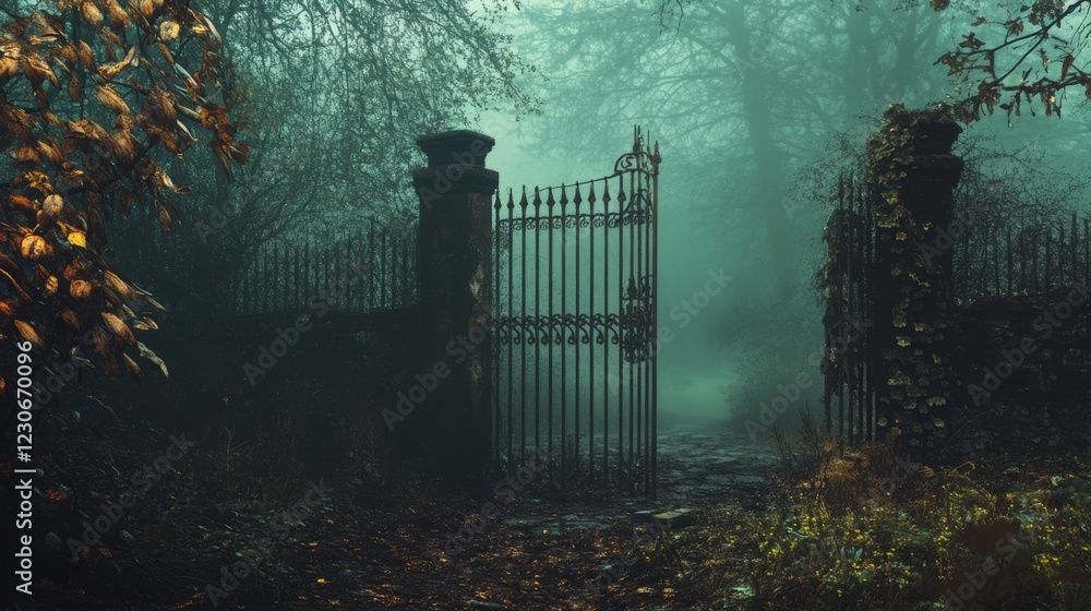 Poster a gate is open in a forest. the gate is made of iron and is surrounded by trees