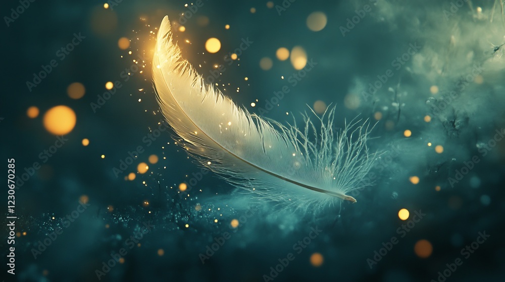 Poster a delicate feather surrounded by glowing particles, creating a mystical and serene atmosphere.