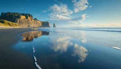 Scenic coastal cliffs reflected in tranquil ocean waters at sunset.