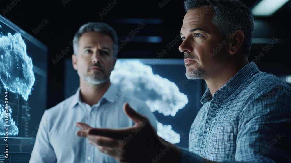 Poster colleagues collaborate analyzing cloud data on screens