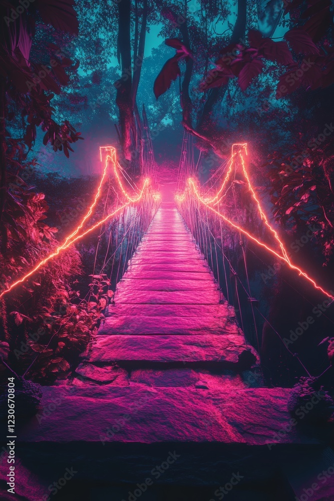 Poster a bridge with a pink and red glow. the bridge is lit up and he is in a forest
