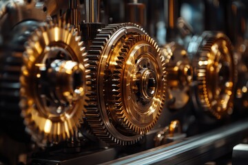 Close up view of interlocking gears rotating smoothly in complex machinery