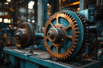 Fototapeta premium Gears rotating in heavy machinery at industrial factory