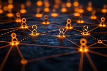 Digital network connections illuminated with orange lights showcasing social interaction among users