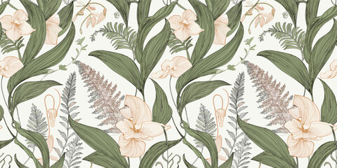 Crafted seamless traditional patterns with botanical motifs, HD Leaves, and intricate climbing plant details.