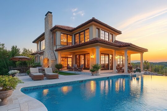 Luxury tuscan style villa with infinity pool at sunset