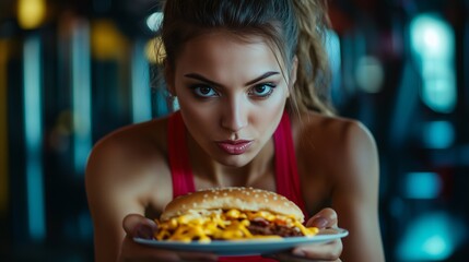 Fit young woman in sportswear holding a cheesy burger in a gym environment, symbolizing balance between fitness and indulgence. Perfect for health, lifestyle, and food concepts.