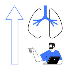 Cartoon man pointing at lungs diagram, upward arrow indicating improvement. Ideal for health awareness, medical education, respiratory health, wellness progress, research, growth, motivation