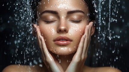 Woman Under Shower Water Drops Clean Skin