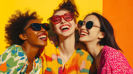 Three stylish young women wearing colorful sunglasses and vibrant outfits laughing together against a bold yellow and orange background, radiating happiness and friendship