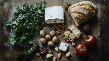 A rustic wooden table filled with fresh organic ingredients, including parsley, nuts, tomatoes, artisan cheese, and bread, highlighting the essence of farm-to-table cooking and natural food.