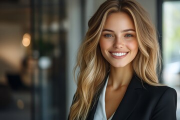 Obraz premium Young professional woman smiling confidently in a modern office environment during daytime