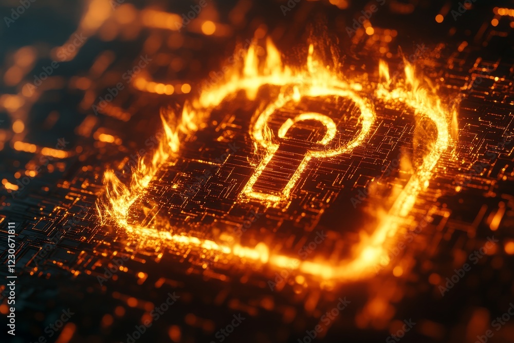 Poster digital lock symbol surrounded by flames in futuristic design with glowing lines and circuits