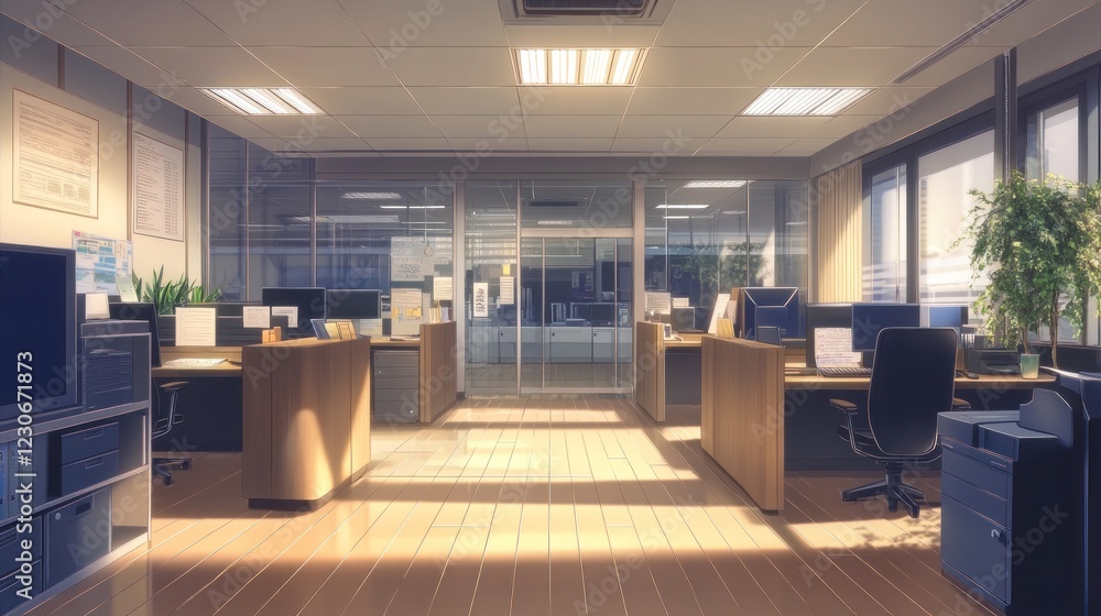 Poster Sunlit Modern Office Workspace Design Showing Desks and Computers