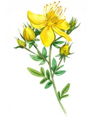 Watercolor painting representing a blooming St. John's Wort flower along with its buds and leaves, isolated on white background
