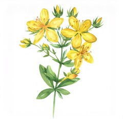 Fototapeta premium Watercolor botanical rendering depicting flowering St. John's wort with vibrant yellow blossoms and verdant foliage