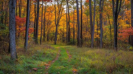 Obraz premium Strolling through a forest, I watched the sunlight peek through the trees. The ground was covered in a carpet of green grass and colorful leaves, with tall trees standing all around.