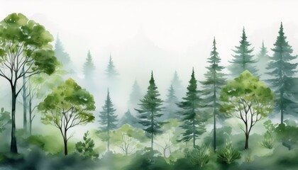 Fototapeta premium Watercolor painting representing a misty forest full of pine trees and leafy trees, creating a peaceful and natural atmosphere