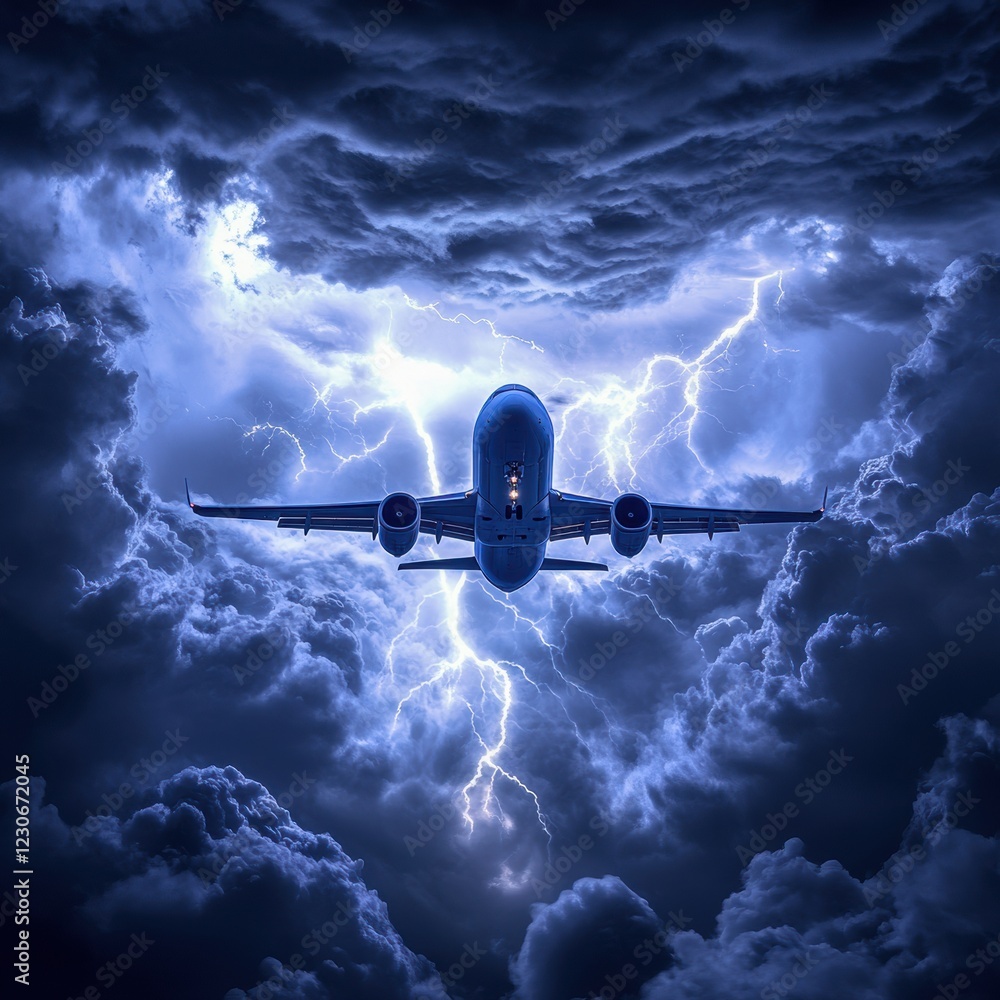 Poster airplane navigates turbulent stormy clouds with flashes of lightning in the dark sky. generative ai