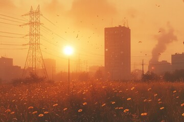Sunset over a city skyline with flowers in the foreground and power lines