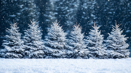 Snow-covered fir trees in a winter forest at night creating a peaceful serene atmosphere with soft glowing lights in the background minimalistic empty space on the side for text caption


