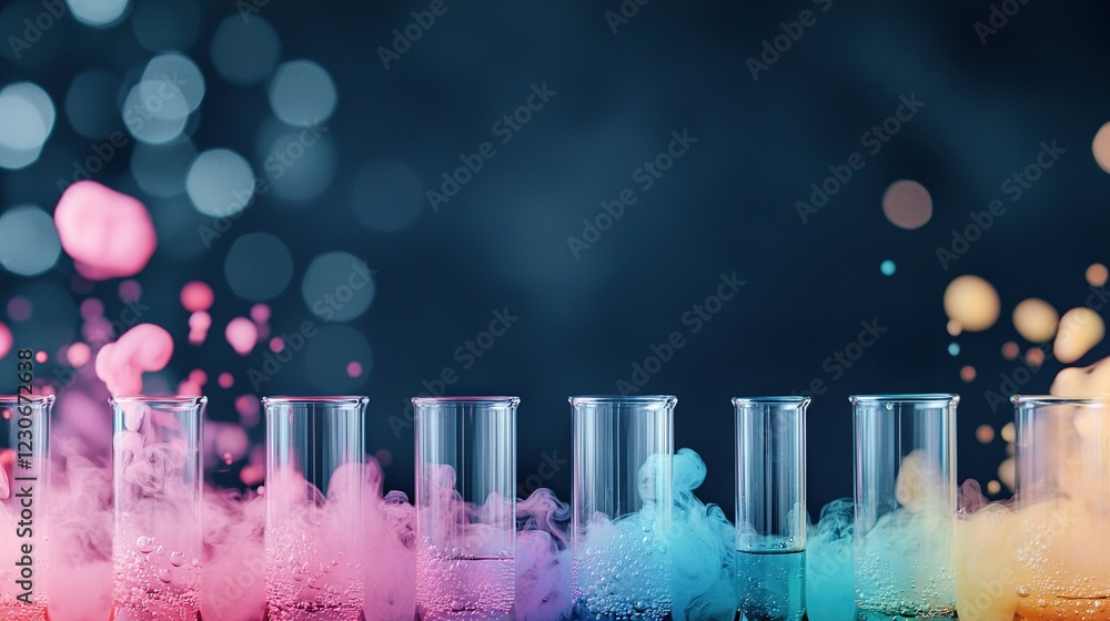 Aufkleber a row of colorful flasks filled with liquid on a blue-pink background with a blurred bokeh of light 