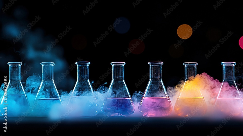 Poster a row of flasks filled with colored liquids sits atop a black table, illuminated by background light