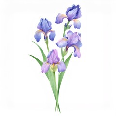 Soft watercolor painting capturing purple irises with graceful, luminous petals blooming against pristine white background