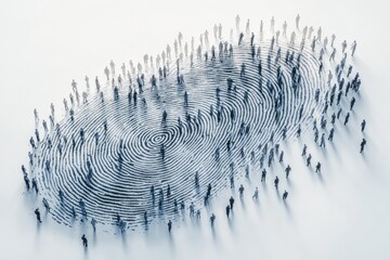 Crowd of silhouettes gathered around a giant fingerprint design on a white surface during daytime