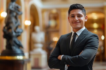 Obraz premium Professional man in a business suit poses confidently in an elegant interior setting