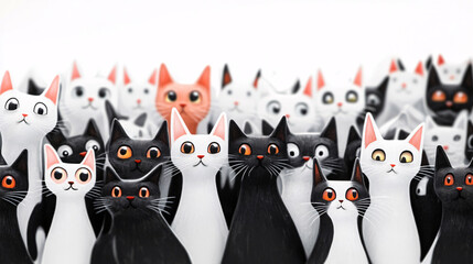 Obraz premium Group of Realistic and Cartoon Cats Standing in a Row on a White Background, Cute Feline Illustration with Stylized Expressions